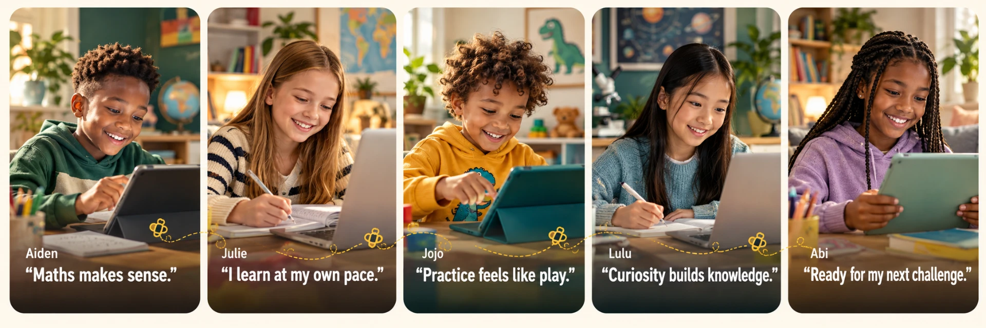 Five children learning with NestingBee: Aiden says Maths makes sense, Julie says I learn at my own pace, Jojo says Practice feels like play, Lulu says Curiosity builds knowledge, and Abi says Ready for my next challenge